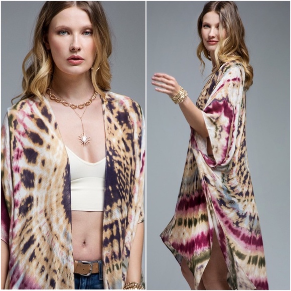 Bohemian Tie Dye Kimono Pink White Cover up - Picture 9 of 11
